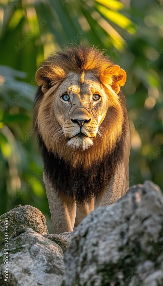 Fototapeta premium Majestic Lion, King of the Jungle, with Intense Gaze in Golden Morning Light. 88 Characters.