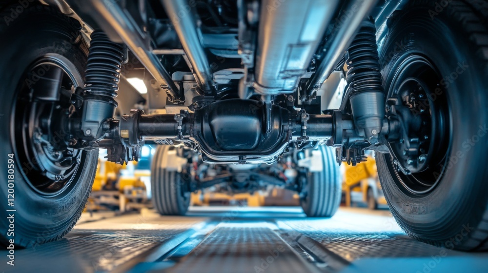 Obraz premium Close-up of a Truck's Undercarriage in a Workshop