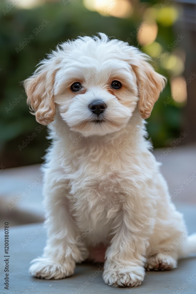 Cute fluffy puppy sitting calmly in a sunny garden setting