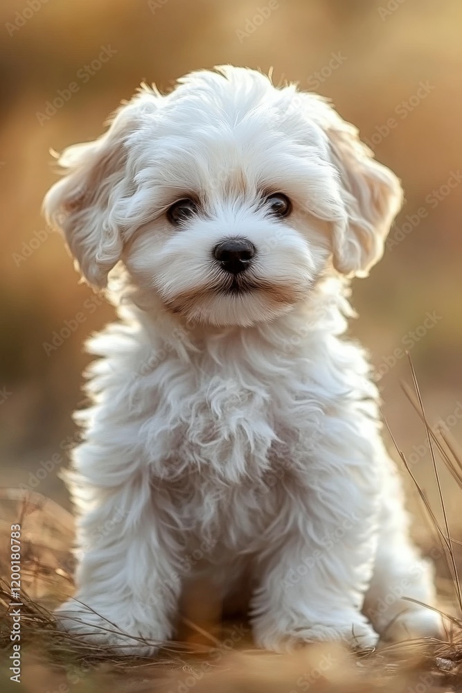Cute puppy sitting in a grassy field during golden hour light Cute puppy sitting in a grassy field during golden hour light