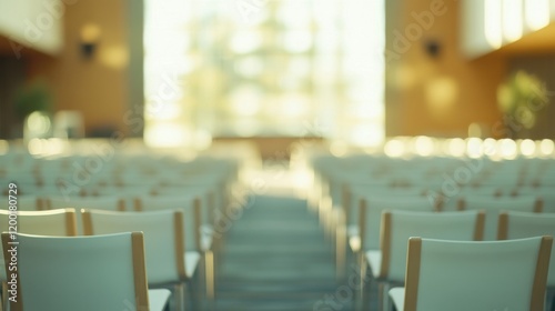 Empty Meeting Hall with Rows of White Chairs - Serene Ambiance