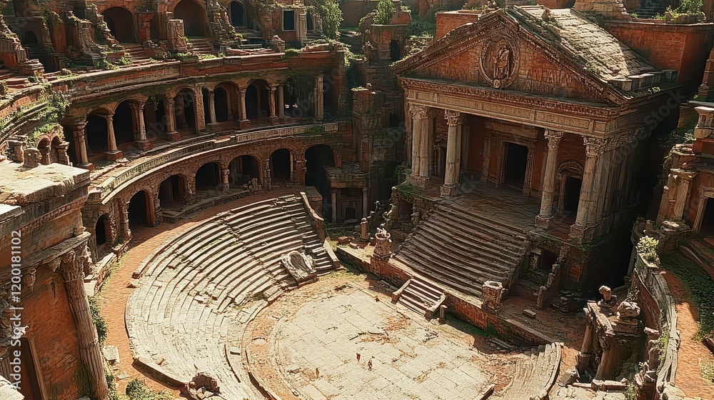 Fototapeta premium Ancient ruins featuring a grand amphitheater and elaborate architecture.