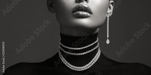 Elegant portrayal of modern minimalist jewelry adorned by a model with striking features and luxurious accessories in a surreal setting