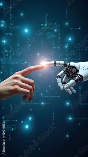 Human and Robot Fingertips Lightly Touching, Illuminated by a Bright Glow Against a Dark Blue Background Spattered with Light Spots. An Abstract Representation of AI and Human Collaboration