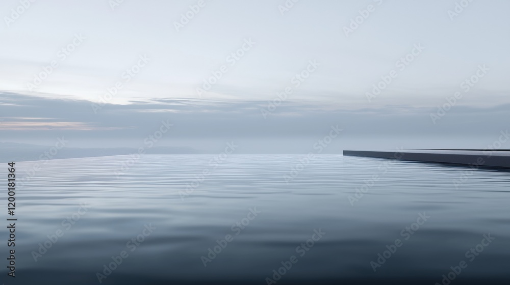 A calm body of water with a cloudy sky in the background