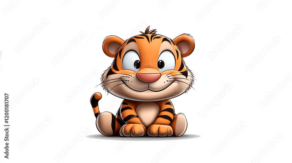 Naklejka premium Cartoon tiger sitting happily with a playful expression in a vibrant style