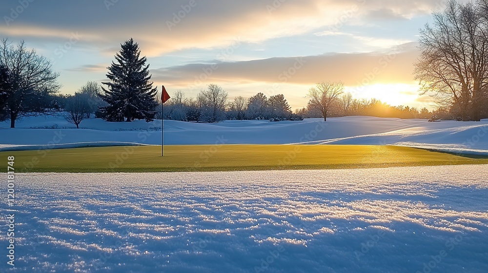 A photo of the green on a winter golf course with snow, during the golden hour, with a flag in the ground A photo of the green on a winter golf course with snow, during the golden hour, with a flag in the ground