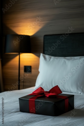 Gift wrapped in black and red ribbon on hotel bed with warm lighting