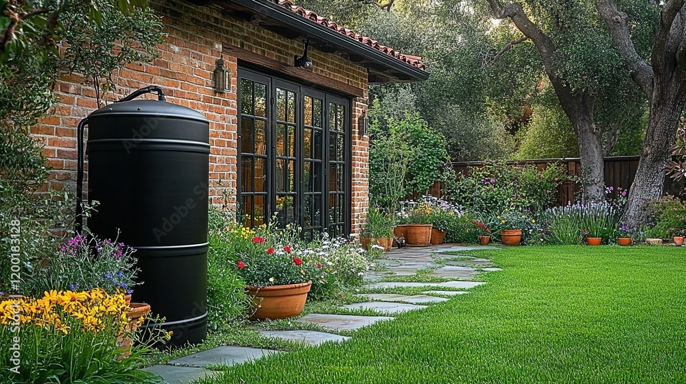 Obraz premium A photograph of an outdoor black rainwater harvesting system, set in the backyard garden of a California home with green grass and colorful flowers