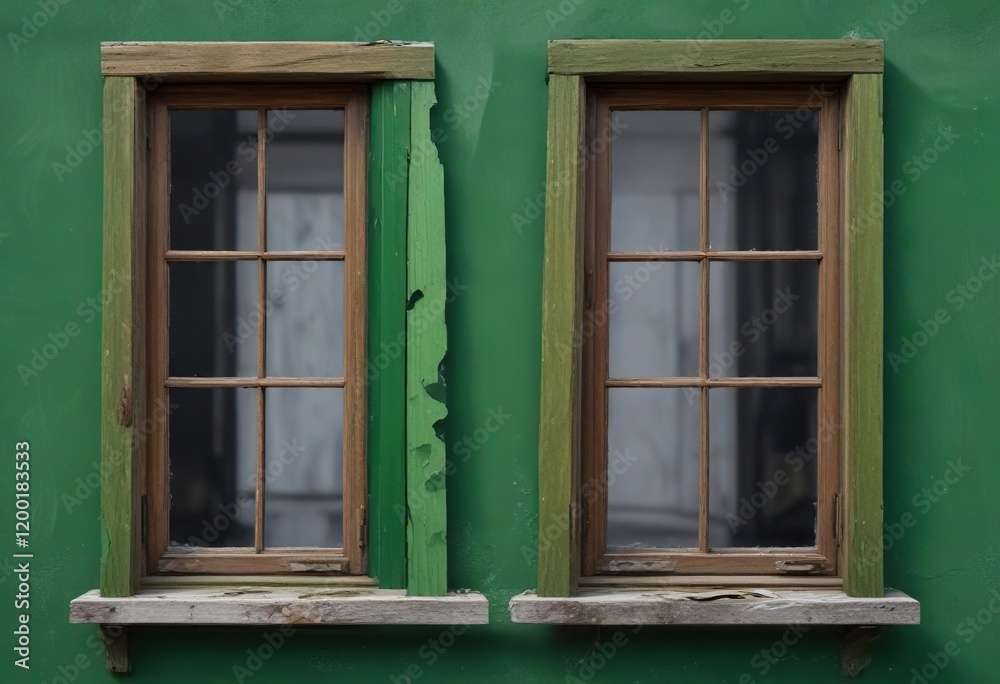 Wooden window frames with green paint peeling off, weathered, unique, farmhouse Wooden window frames with green paint peeling off, weathered, unique, farmhouse