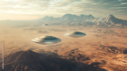 Captivating aerial perspective showcasing the secretive military installation of area cloaked in a hazy surreal atmosphere of distant mirages and futuristic allure. Surreal Desert Mirage. Illustration photo