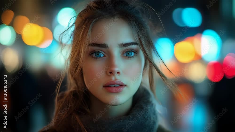 Beautiful young woman smiling with happy expression meeting someone close up portrait on blurred city street bokeh lights background. Concept of joyful unexpected encounter Beautiful young woman smiling with happy expression meeting someone close up portrait on blurred city street bokeh lights background. Concept of joyful unexpected encounter