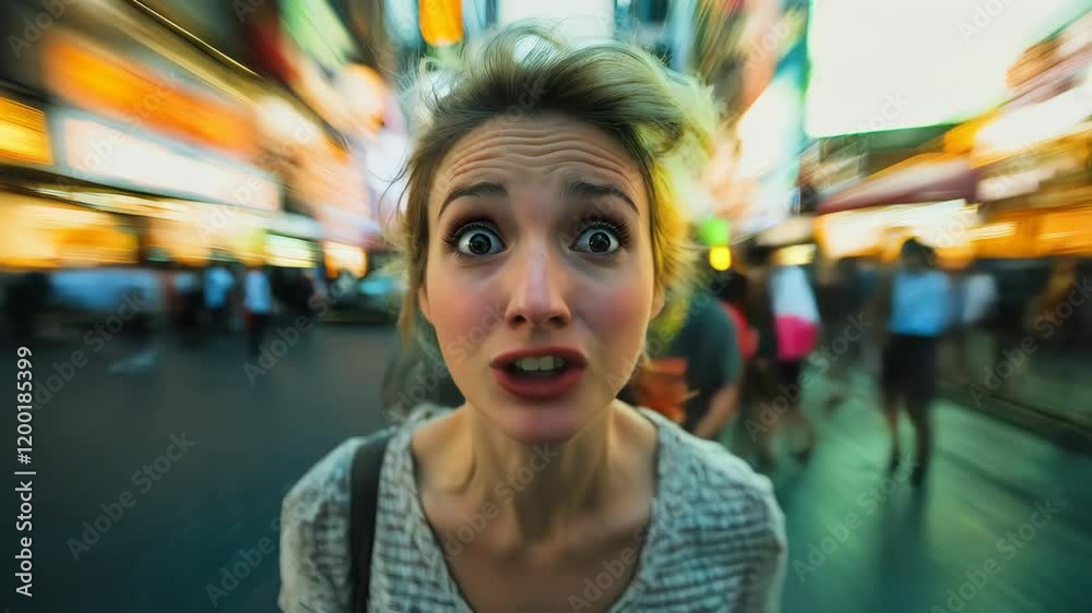 Surprised woman with wide opened eyes and mouth expressing shock on blurred city street with lights and people. Concept of unexpected encounter or flashback