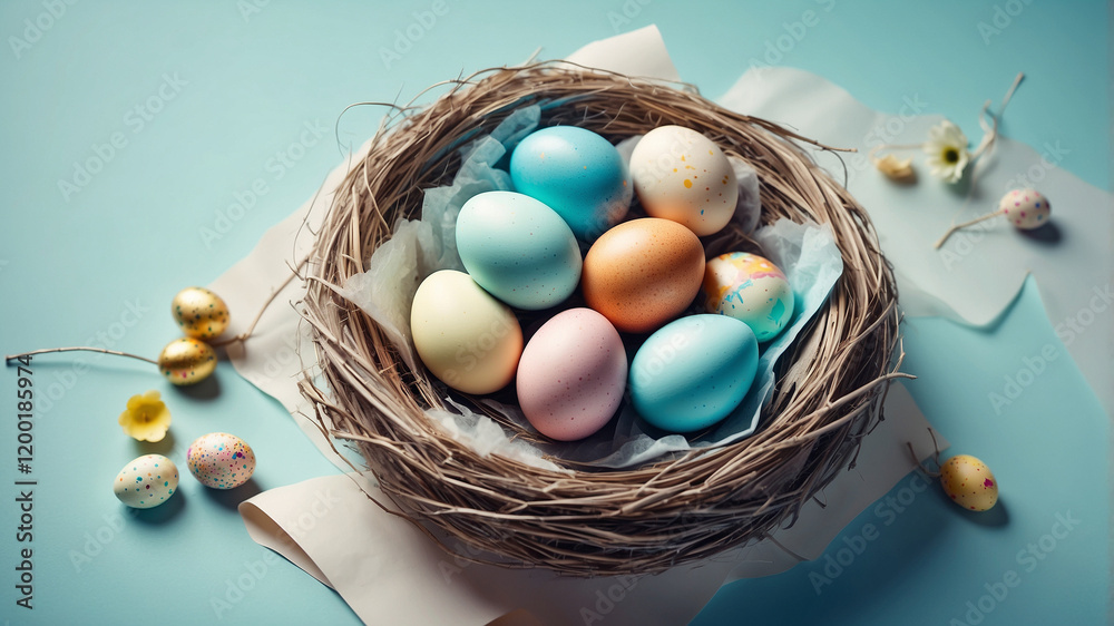 Colorful Easter eggs in a nest on a soft blue background with decorative elements Colorful Easter eggs in a nest on a soft blue background with decorative elements
