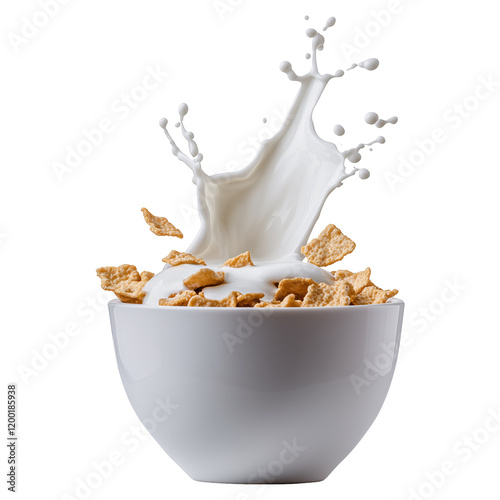 white bowl with cornflakes soaked in milk in motion, splashes of milk isolated on a transparent background