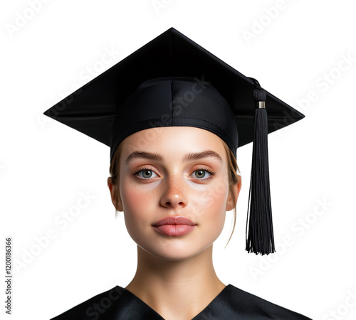 portrait of graduate woman, girl standing, wearing black cap and gown, with smile on her face isolated on a transparent background photo