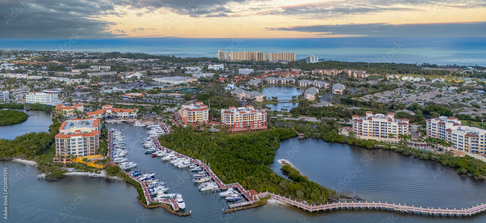 Fototapeta premium panoramic aerial view of Jupiter Florida marina and surrounding area