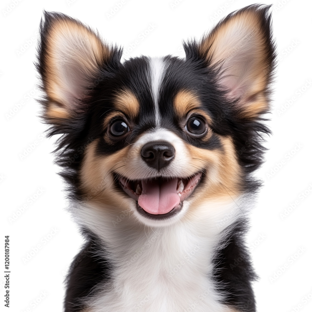 A cute and fluffy puppy with white and black fur, black eyes isolated on a transparent background A cute and fluffy puppy with white and black fur, black eyes isolated on a transparent background