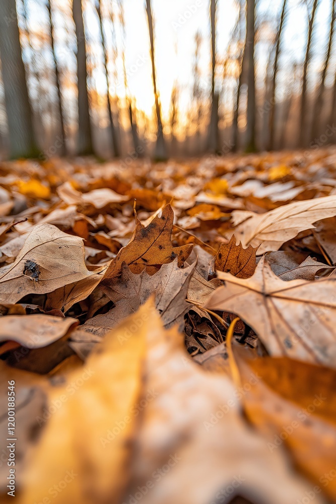 A close-up view of dry autumn leaves scattered across the forest floor, with a blurred background of tall trees and soft sunlight filtering through A close-up view of dry autumn leaves scattered across the forest floor, with a blurred background of tall trees and soft sunlight filtering through