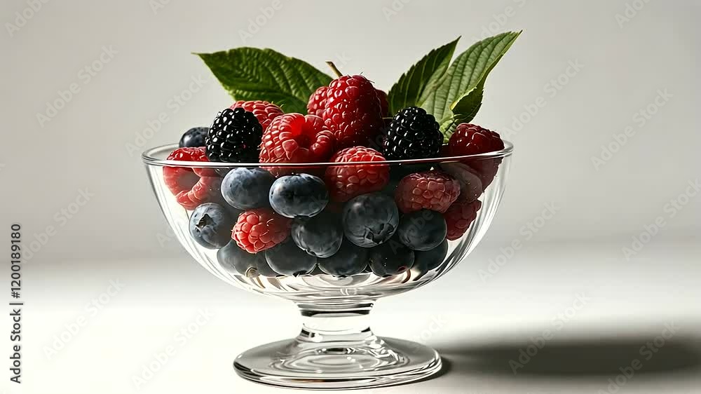 A mix of ripe blueberries, raspberries, and blackberries arranged beautifully in a glass bowl, accented by green leaves for a fresh touch against a white background A mix of ripe blueberries, raspberries, and blackberries arranged beautifully in a glass bowl, accented by green leaves for a fresh touch against a white background