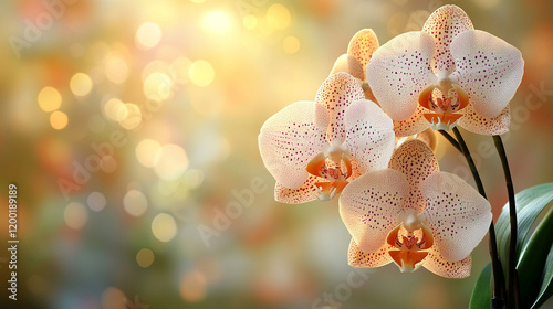 White orchid with spotted purple petals called Leopard Prince symbolizing elegance luxury and mystery hybrid Doritaenopsis species on garden background with modern blurred empty caption space

 photo