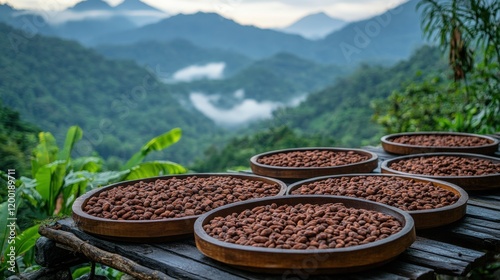 Fototapeta Naklejka Na Ścianę i Meble -  Cacao beans drying on wooden trays with a stunning jungle view in the mountains