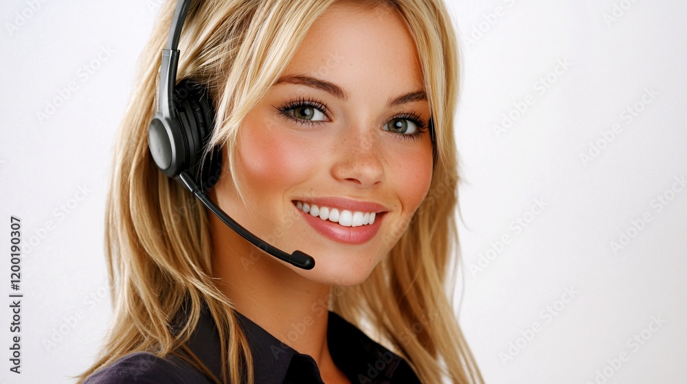 Smiling young woman with blonde hair wearing a headset, embodying a friendly customer service representative. Smiling young woman with blonde hair wearing a headset, embodying a friendly customer service representative.