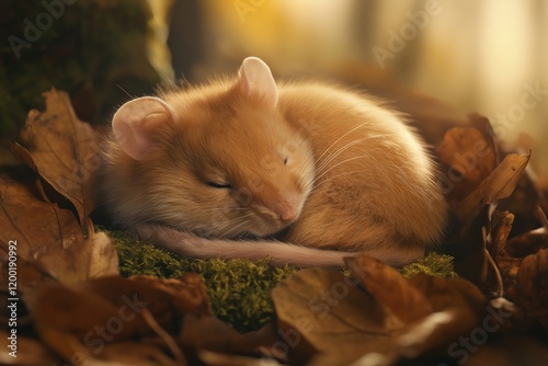 A close-up of a dormouse curled up in a ball, peacefully sleeping on a bed of moss and autumn leaves, with warm golden light in the background