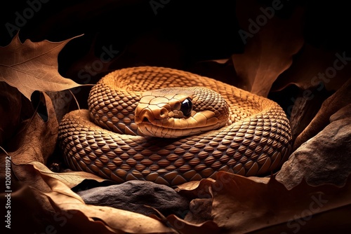 A close-up illustration of a snake coiled in its autumn den, surrounded by dry leaves and warm earthy tones, symbolizing seasonal adaptation