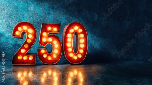 Illuminated Vintage Number 250 with Glowing Bulbs on Reflective Surface and Textured Background