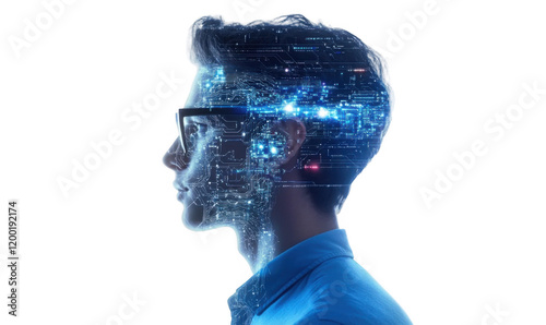 Plakat Innovative concept of human intelligence enhanced by technology isolate on transparent background, cutout