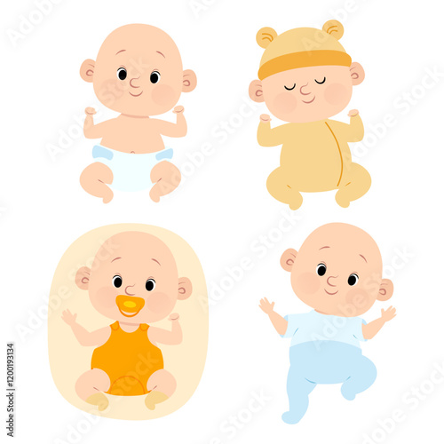 Set of funny newborn baby boys in diapers and clothes