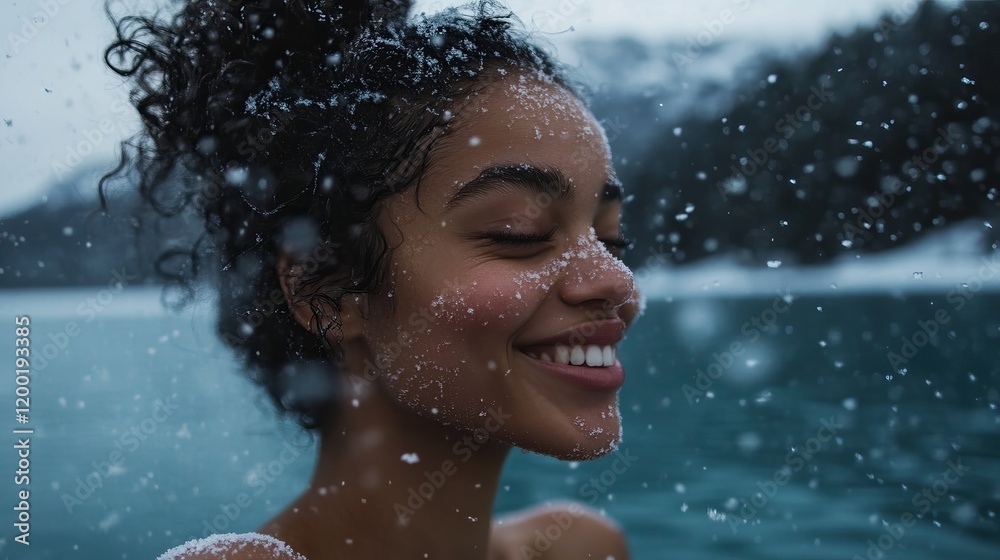 Obraz premium Joyful woman enjoying snowfall by serene winter lake. Cold Plunge. Winter ice bath, cold bath. Snow swimming, cold water therapy