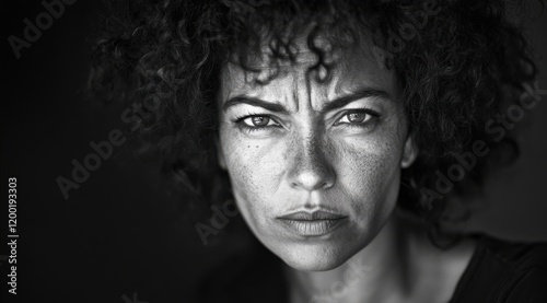 Black-and-white portrait of an angry, middle-aged, mixed-race woman with curly hair