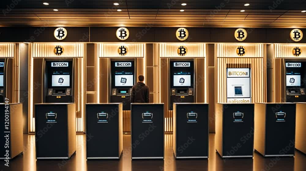 Man at a bitcoin ATM. Man at a bitcoin ATM.