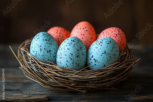 Speckled Easter Eggs Nest in Rustic Basket for Spring Decor photo