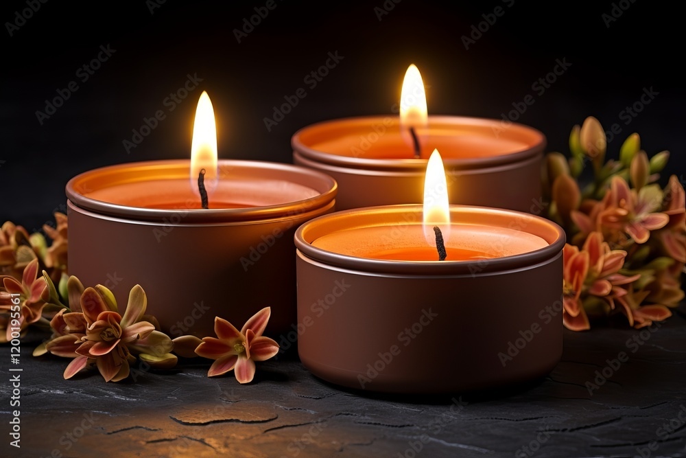 Flickering flames cast a warm glow over fragrant candles surrounded by flowers. Generative AI Flickering flames cast a warm glow over fragrant candles surrounded by flowers. Generative AI