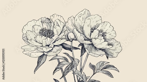 Wallpaper Mural Gentle Hand Drawn Peony Flowers Image Torontodigital.ca