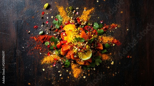 An Indian-themed deconstructed curry with vibrant spices, arranged like a Rangoli, isolated on a dark wooden background photo