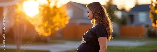 pregnant woman walking in city  photo