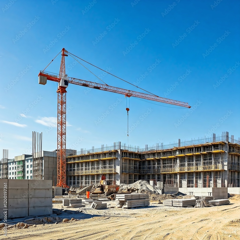 Urban construction site with tower crane lifting materials. Bright orange equipment contrasts blue sky. Bottom space for text. Ideal for construction presentations and marketing. Urban construction site with tower crane lifting materials. Bright orange equipment contrasts blue sky. Bottom space for text. Ideal for construction presentations and marketing.