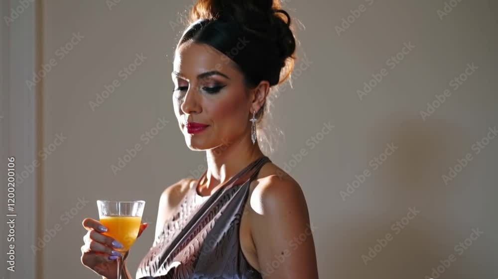 Elegant woman in an evening dress holding a cocktail, showcasing grace and sophistication.