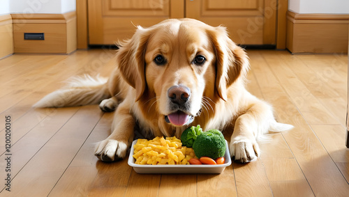 Golden Retriever Enjoys Fresh Food on Parquet. photo