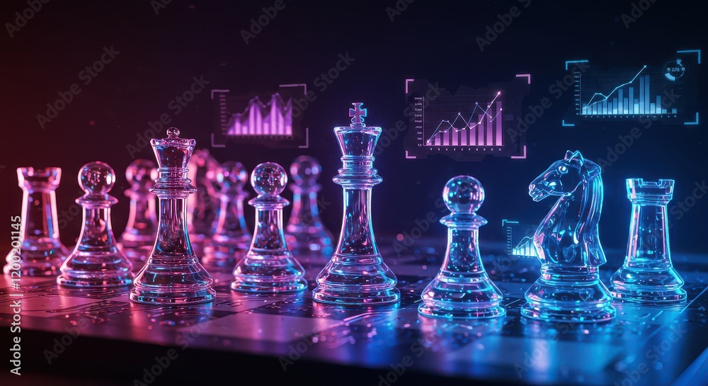 A chessboard with holographic pieces and AI for data analysis and strategy development A chessboard with holographic pieces and AI for data analysis and strategy development