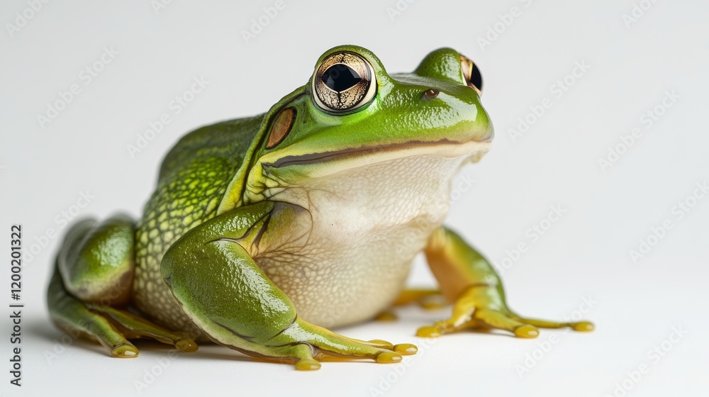 Obraz premium A vibrant green frog sitting on its hind legs, its eyes wide, isolated on a clean white backdrop,