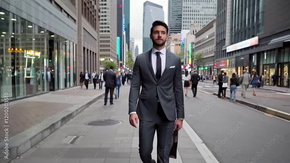 Confident businessman walking on a busy city street, exuding charm and professionalism. Confident businessman walking on a busy city street, exuding charm and professionalism.