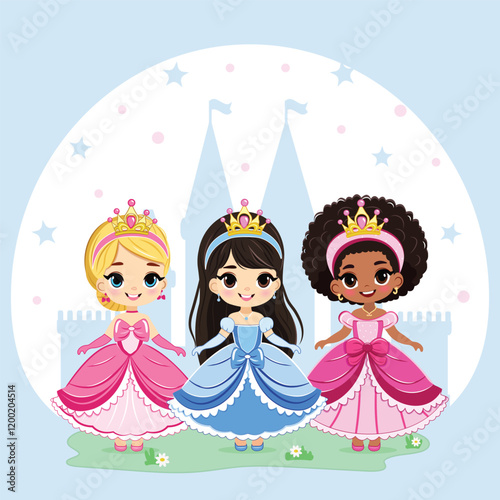 Cute different nationalities little princess with beautiful eyes and golden crown. Poster, Banner, Flyer, Greeting Card. Vector illustration in flat drawn cartoon style
