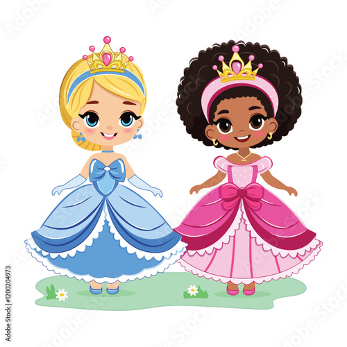 Cute different nationalities little princess with beautiful eyes and golden crown. Isolate on white background. Poster, Banner, Flyer, Greeting Card. Vector illustration in flat drawn cartoon style