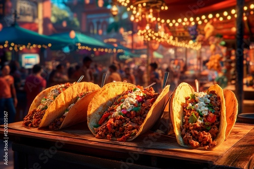 Delicious tacos on a wooden table at a vibrant night market filled with festive lights photo