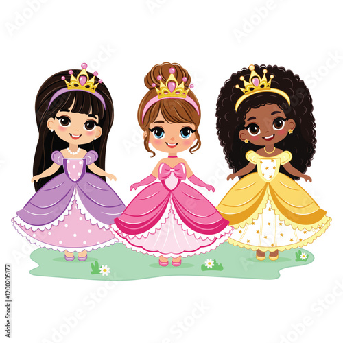 Cute different nationalities little princess with beautiful eyes and golden crown. Isolate on white background. Poster, Banner, Flyer, Greeting Card. Vector illustration in flat drawn cartoon style